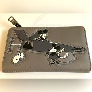 Loungefly Disney Wallet Mickey Minny Mouse Plane Faux Leather Grey Black